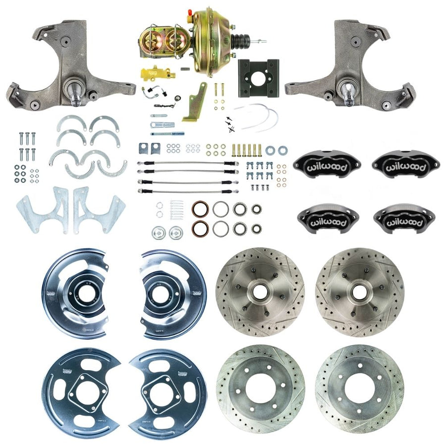The Right Stuff 1963-66 GM C10/C15 Truck/Suburban 2WD, Power Performance Series 4-Wheel Disc Brake Kit, Black Wilwood Caliper 6x5.5 Bolt Pattern, Drilled and Slotted Rotors, and Braided Stainless Hoses - (TDC6356BP)