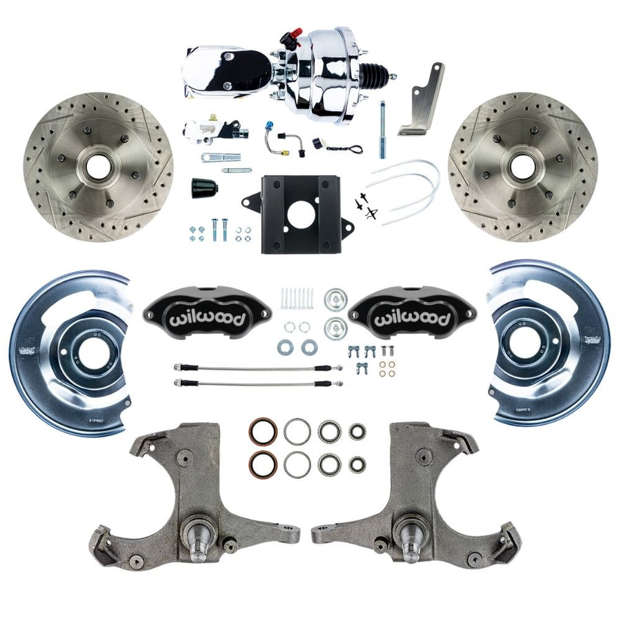 The Right Stuff 1960-62 Chevy/GMC Performance Series, Power Front Disc Brake Conversion Kit, Black Wilwood Calipers, Drilled and Slotted Rotors, Braided Stainless Hoses, and Chrome Booster Master Assembly - (TDC6016BXP)