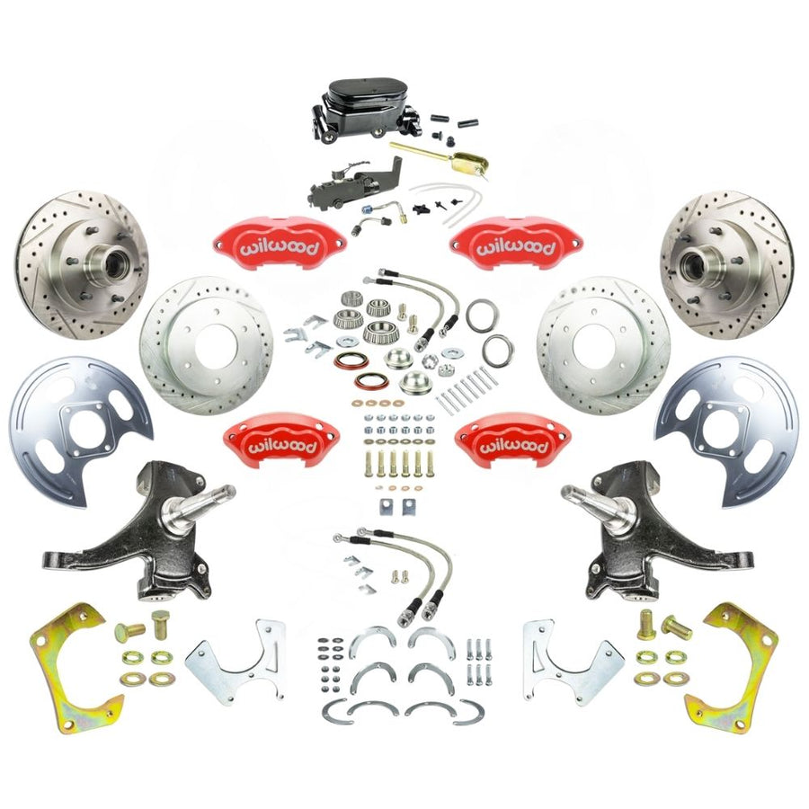 The Right Stuff 1963-70 GM Truck & Suburban, 2" Drop Performance Series 4-Wheel Disc Brake Kit, Red Wilwood Calipers, Drilled and Slotted Rotors, Braided Stainless Hoses, and Black Booster Master Assembly - (TSD6346DZYP)