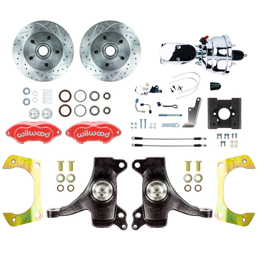 The Right Stuff 1963-66 Chevy/GMC Truck Performance Series, 2" Drop, Power Front Disc Brake Conversion, Red Wilwood Calipers, Drilled and Slotted Rotors, Braided Stainless Hoses, and Chrome Booster Master Assembly - (TDC6325DZXP)