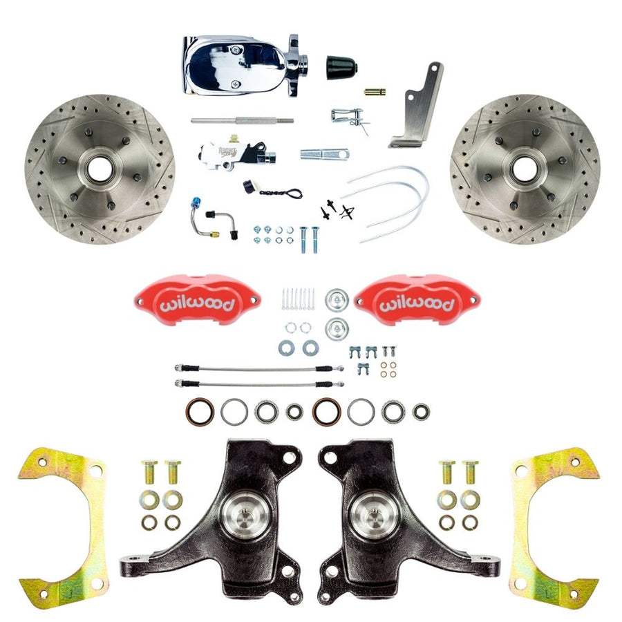 The Right Stuff 1960-62 Chevy/GMC Truck/Sub Performance Series 2" Drop, Standard Front Disc Brake Conversion Kit, Red Wilwood Calipers, Drilled and Slotted Rotors, Stainless Hoses, and Chrome Booster Master Assembly - (TSD6016DZXP)