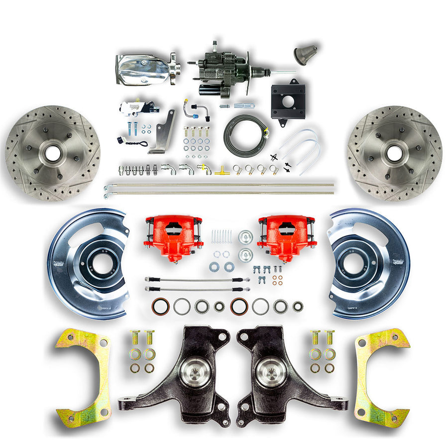 The Right Stuff 60-62 Chevy/GMC Truck/Sub 2" Drop Chrome Hydraulic Brake Assist Disc Conv w/ Red Calipers - (THB6016DZX)