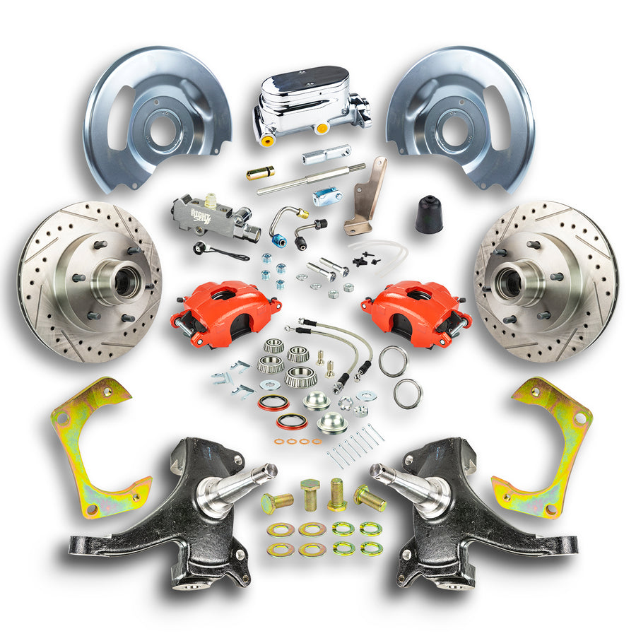 The Right Stuff 63-70 GM Truck & Suburban, 2" Drop, Std Front Disc Kit Red Calipers Chrome Upper - (TSD6316DZX)