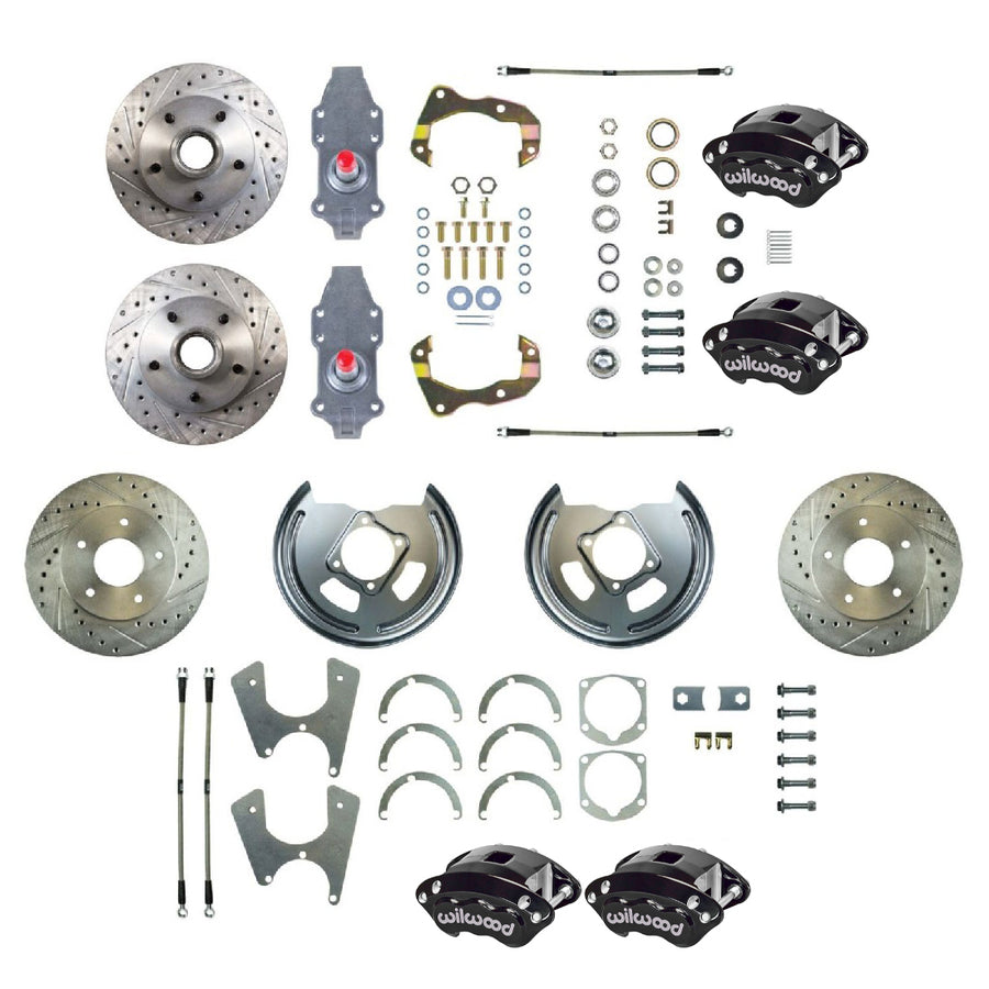 The Right Stuff 1955-1958 Chevrolet Bel Air/Impala, Performance Series 2" Drop 4-Wheel At-the-Wheel Disc Brake Conversion Kit, With Black Wilwood Calipers, Drilled and Slotted Rotors, and Braided Stainless Hoses - (FSC564WKDS)
