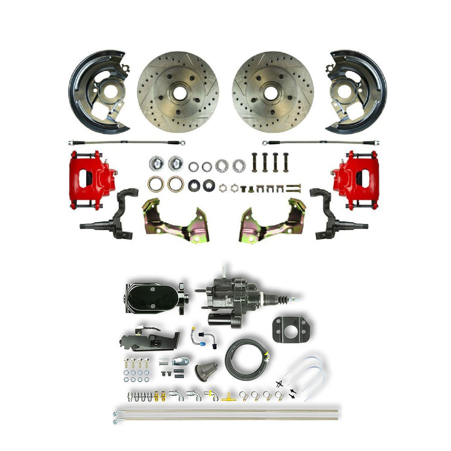 The Right Stuff 67-74 GM F/X-Body, Black Hydraulic Brake Assist, 2" Drop Front Disc Brake Kit Red Calipers - (AFXHB02CZY)