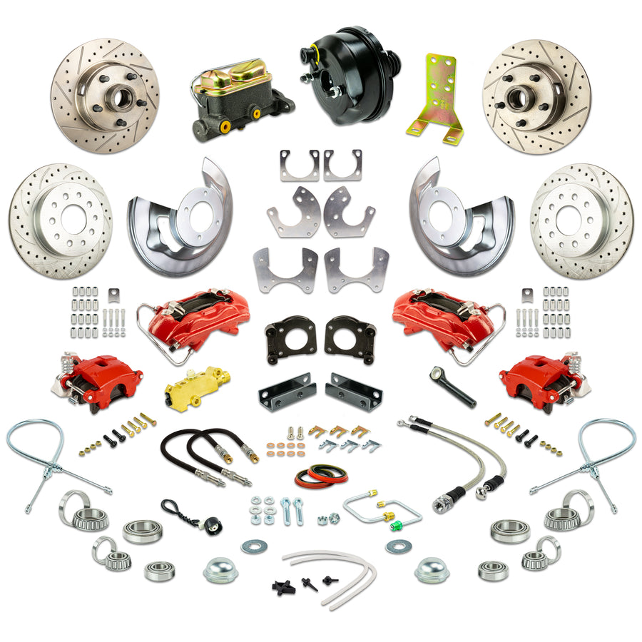 The Right Stuff 1964-66 Ford Power 4 Wheel Disc Conv. Large Ford 9" Rear End, Drilled/Slotted Rotors, Red Powder Coated Calipers - (ZDC6445Z)