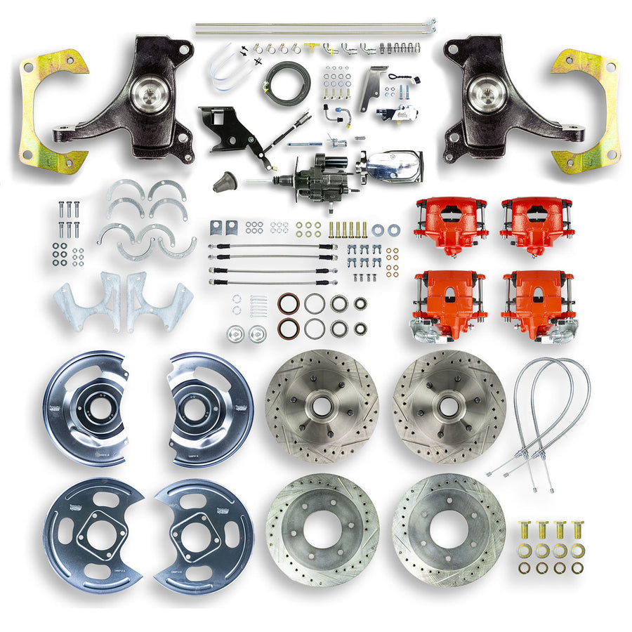 The Right Stuff 67-70 C10-15 Truck/Sub 2" Drop Chrome Hydraulic Brake Assist 4-Wheel Disc Conv Red Calipers - (THB6756DZX)