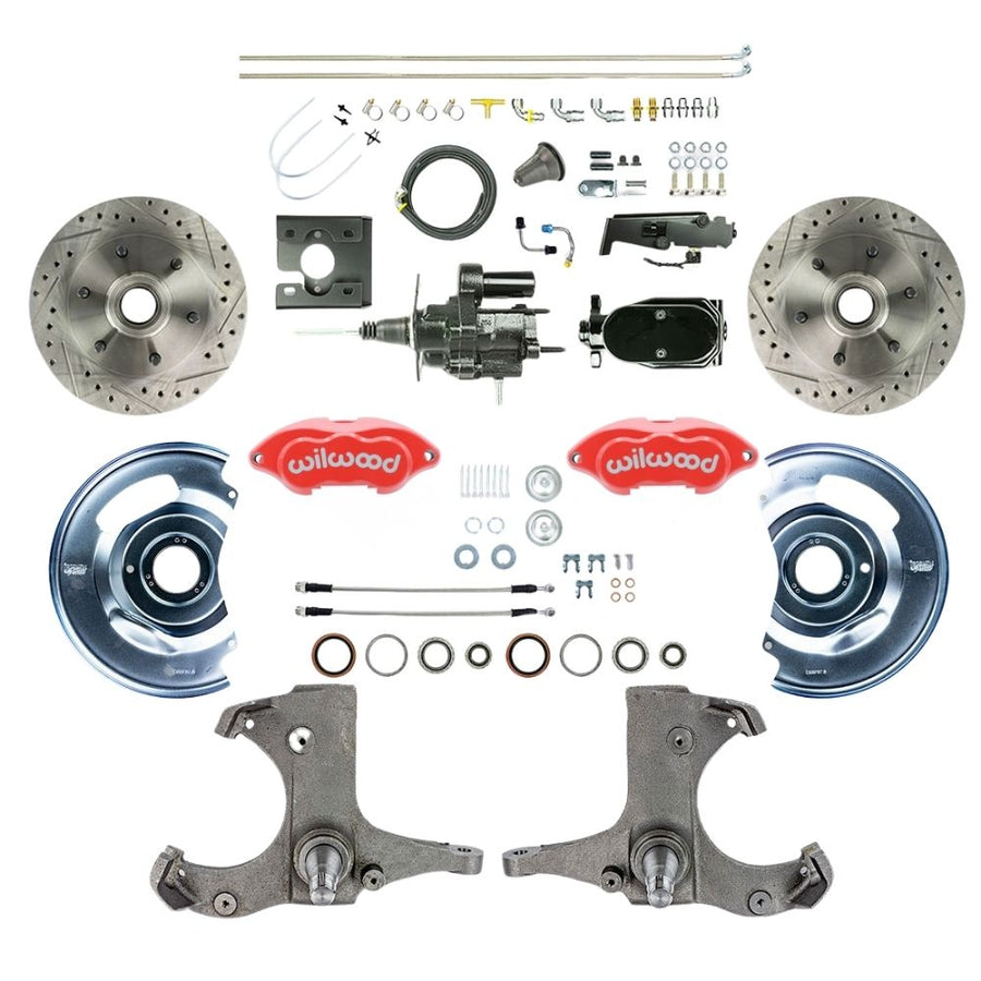 The Right Stuff 1967-70 GM C10/15 Truck/Suburban with 2WD, Performance Series Hydraulic Brake Assist Front Disc Brake, Red Wilwood Calipers, Drilled and Slotted Rotors, Stainless Hoses, Black Upper Assembly - (THB6726ZYP)