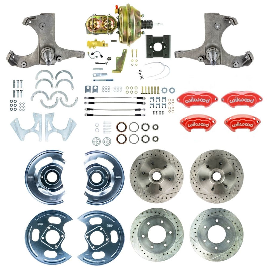 The Right Stuff 1963-66 GM/Chevy C10/C15 Truck/Suburban 2WD, Performance Series Power 4-Wheel Disc Brake Kit, Red Wilwood Caliper, Drilled and Slotted Rotors, and Braided Stainless Hoses 6x5.5 Bolt Pattern - (TDC6356ZP)