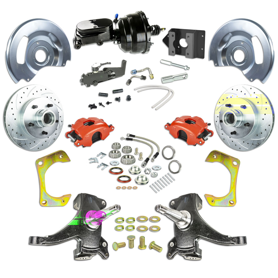 The Right Stuff 63-66 Chevy/GMC Truck/Sub, 2" Drop, Power Front Disc Kit Red Calipers Black Upper 5x5 Bolt Pattern - (TDC6325DZY)