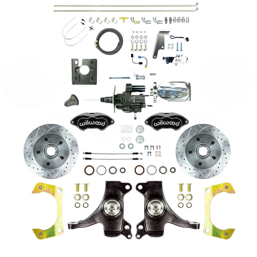 The Right Stuff 1967-70 GM C10/15 Truck/Sub, 2" Drop Hydraulic Brake Assist Performance Series Front Disc Kit, Blk Wilwood Calipers, Drilled and Slotted Rotors, Stainless Hoses, and Chrome Upper Assembly 5x5 - (THB6725DBXP)