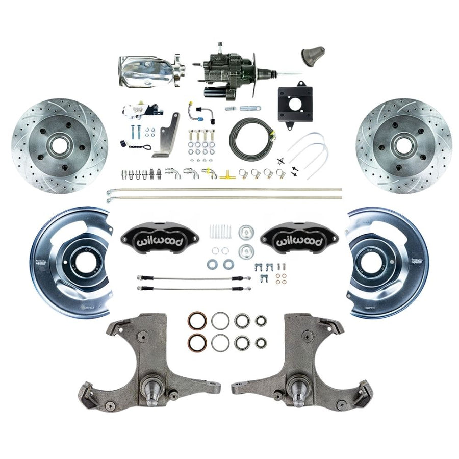 The Right Stuff 1960-62 Chevy/GMC Performance Series, Hydraulic Brake Assisted Front Disc Brake Conversion Kit, Black Wilwood Calipers, Drilled and Slotted Rotors, Braided Stainless Hoses and Chrome Upper - (THB6015BXP)