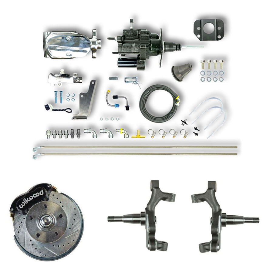 The Right Stuff 64-74 GM A/F/X Body 2" Drop Front Chrome Hydraulic Brake Assist Disc Brake Kit Blk Calipers - (AFXHB32DSX)