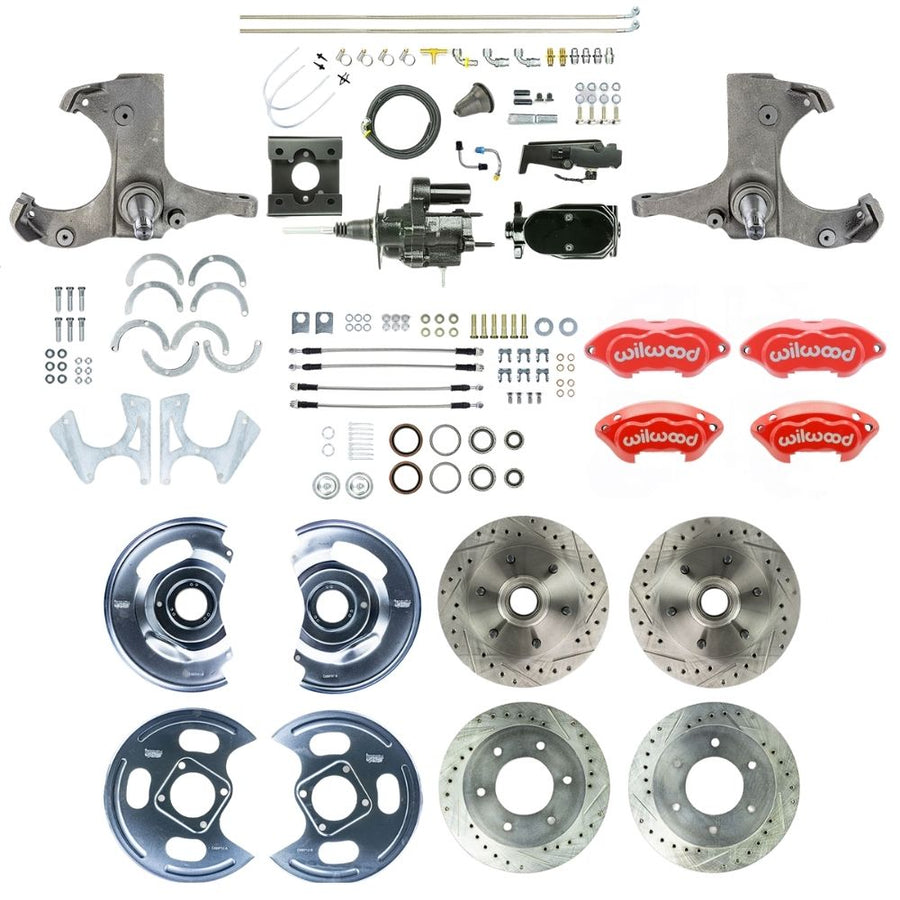 The Right Stuff 1963-66 GM/Chevy C10/15 Truck/Sub, 2WD, Performance Series Hydraulic Brake Assist 4-Wheel Disc Brake, Red Wilwood Calipers, Drilled and Slotted Rotors, Stainless Hoses, Black Upper Assembly - (THB6356ZYP)