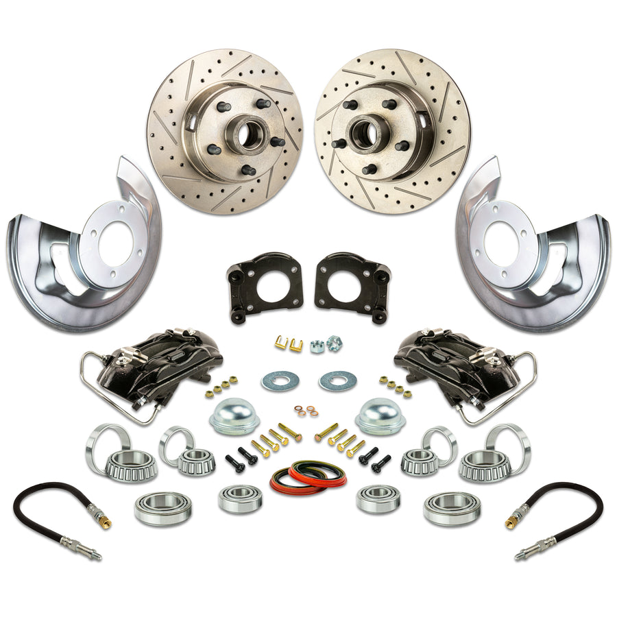 The Right Stuff 1964-73 Ford Front Disc At-The-Wheel Conversion Kit, Drilled and Slotted Rotors, Black Powder Coated Calipers - (ZWK6405S)