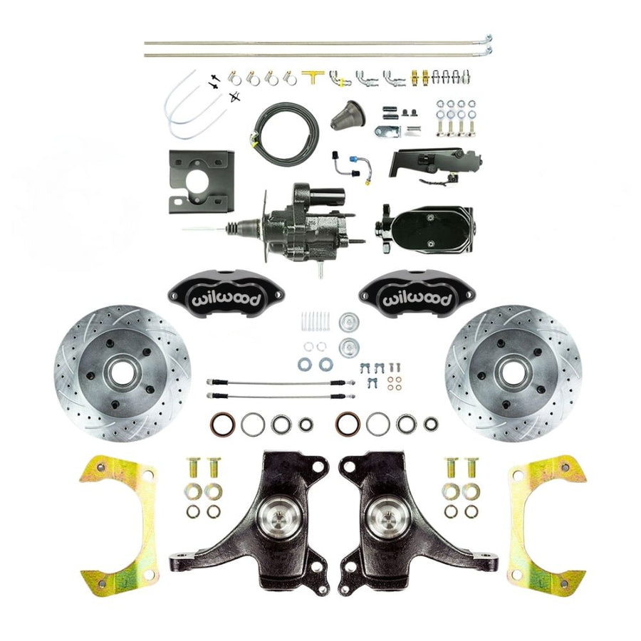 The Right Stuff 1967-70 GM C10/15 Truck/Suburban 2" Drop, Hydraulic Brake Assist Front Brake Kit, Black Wilwood Calipers, Drilled and Slotted Rotors, Braided Stainless Hoses, and Black Upper Assembly 5x5 - (THB6725DBYP)