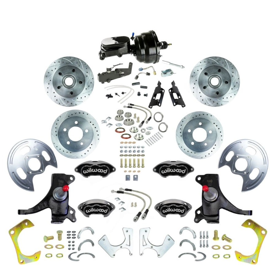 The Right Stuff 1973-87 GM C10/C15 Truck/Suburban 2WD 2" Drop Performance Series Power 4-Wheel Disc Brake Kit with Black Wilwood Calipers, Drilled and Slotted Rotors, Braided Stainless Hoses, and Black Upper Assembly - (TDC7355DBYP)