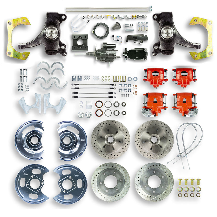 The Right Stuff 63-66 C10-15 Truck/Sub 2" Drop Black Hydraulic Brake Assist 4-Wheel Disc Conv Red Calipers - (THB6356DZY)