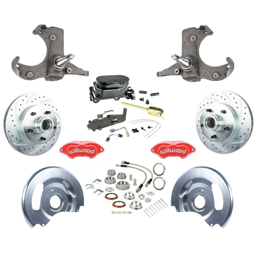 The Right Stuff 1960-62 Chevy/GMC Performance Series, Standard Front Disc Brake Conversion Kit, Red Wilwood Calipers , Drilled and Slotted Rotors, Braided Stainless Hoses, and Black Booster Master Assembly - (TSD6015ZYP)