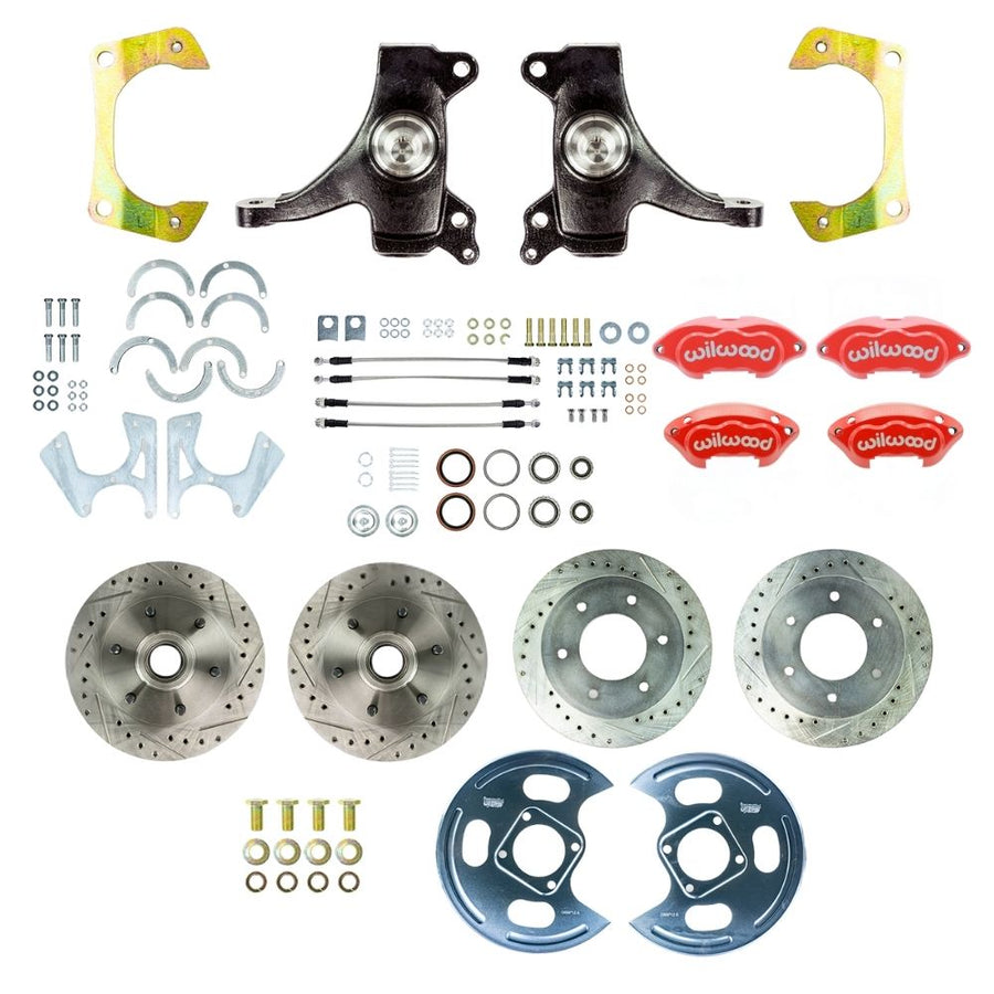 The Right Stuff 1963-70 GM/Chevy Truck/Suburban 2WD 2" Drop, Performance Series 4 wheel At The Wheel Disc Kit, Red Wilwood Calipers, Drilled and Slotted Rotors, and Braided Stainless Hoses - (TWK6346DZP)