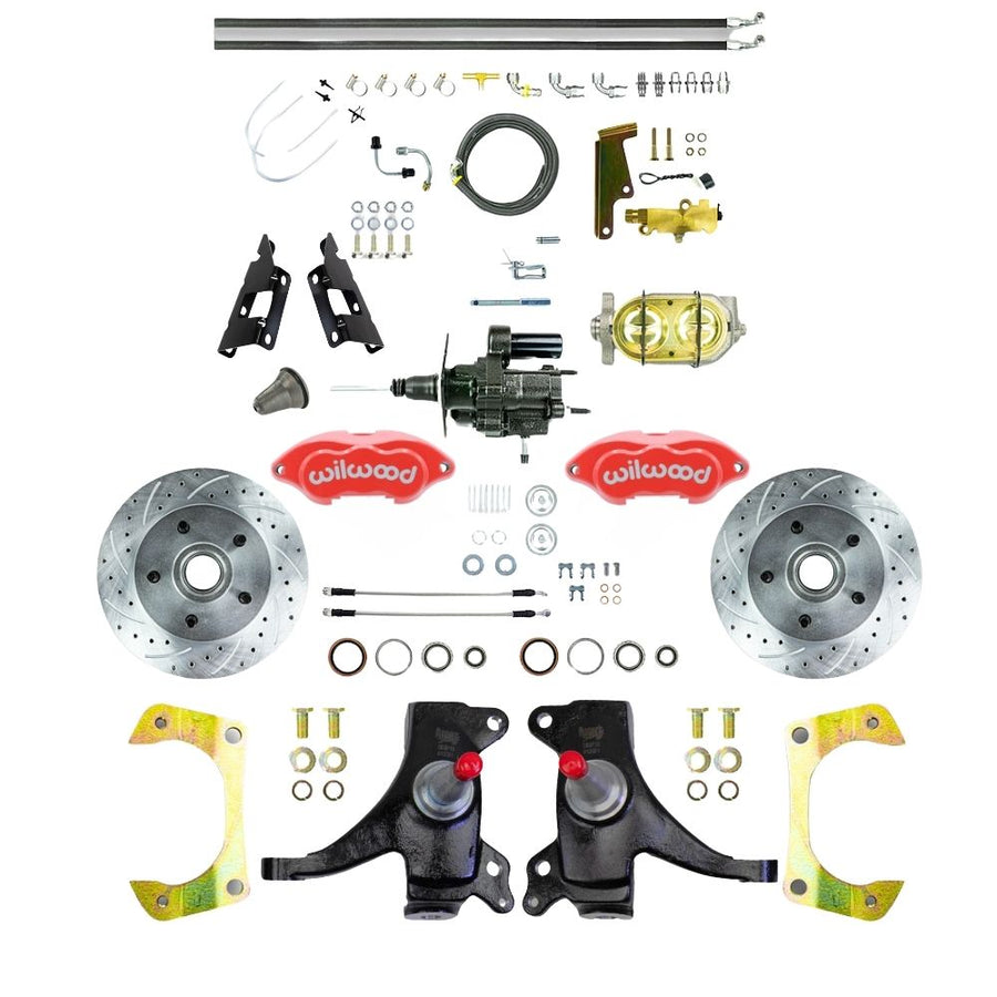 The Right Stuff 1973-87 GM C10/C15 Truck/Suburban, 2WD, 2" Drop, Performance Series Hydraulic Brake Assist Disc Kit, with Red Wilwood Calipers, Drilled and Slotted Rotors, and Braided Stainless Hoses - (THB7325DZP)
