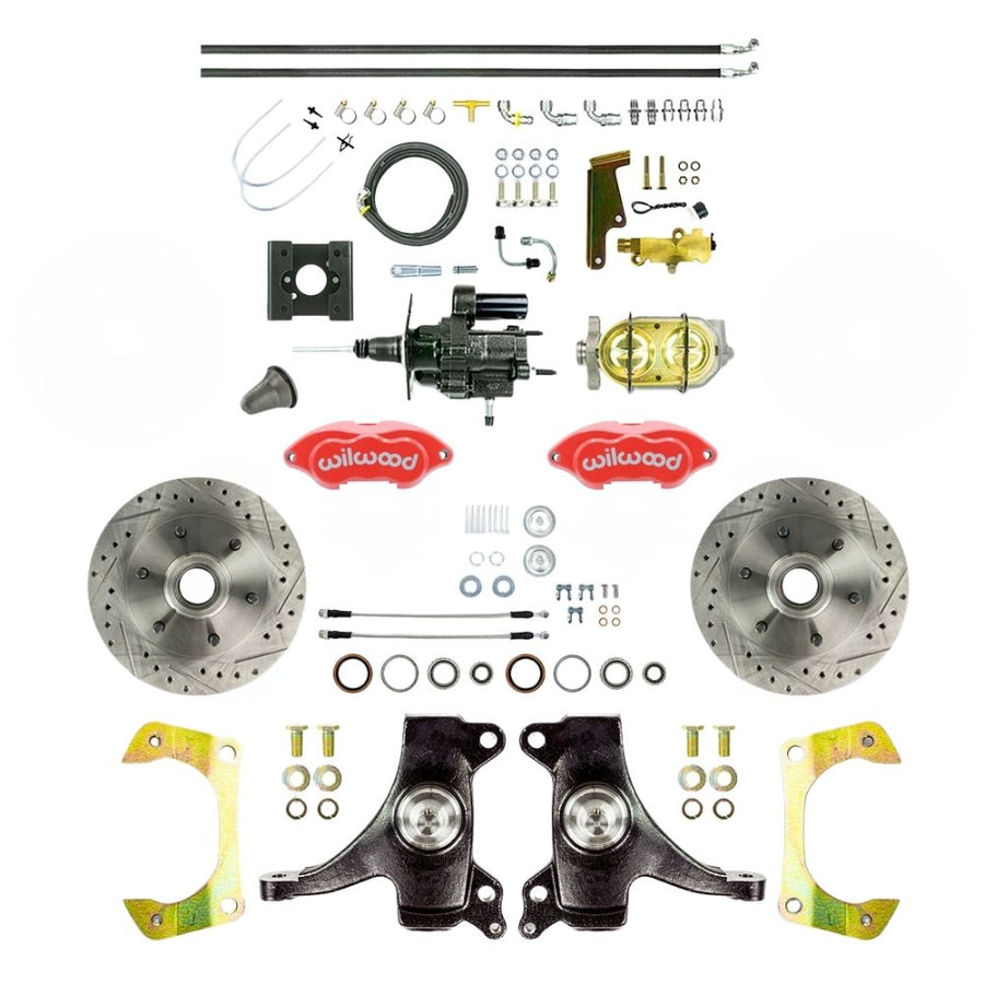 The Right Stuff 1963-66 Chevy/GMC Truck Performance Series, 2" Drop, Hydro Boost Disc Brake Conversion, Red Wilwood Calipers, Drilled and Slotted Rotors, and Braided Stainless Hoses - (THB6326DZP)