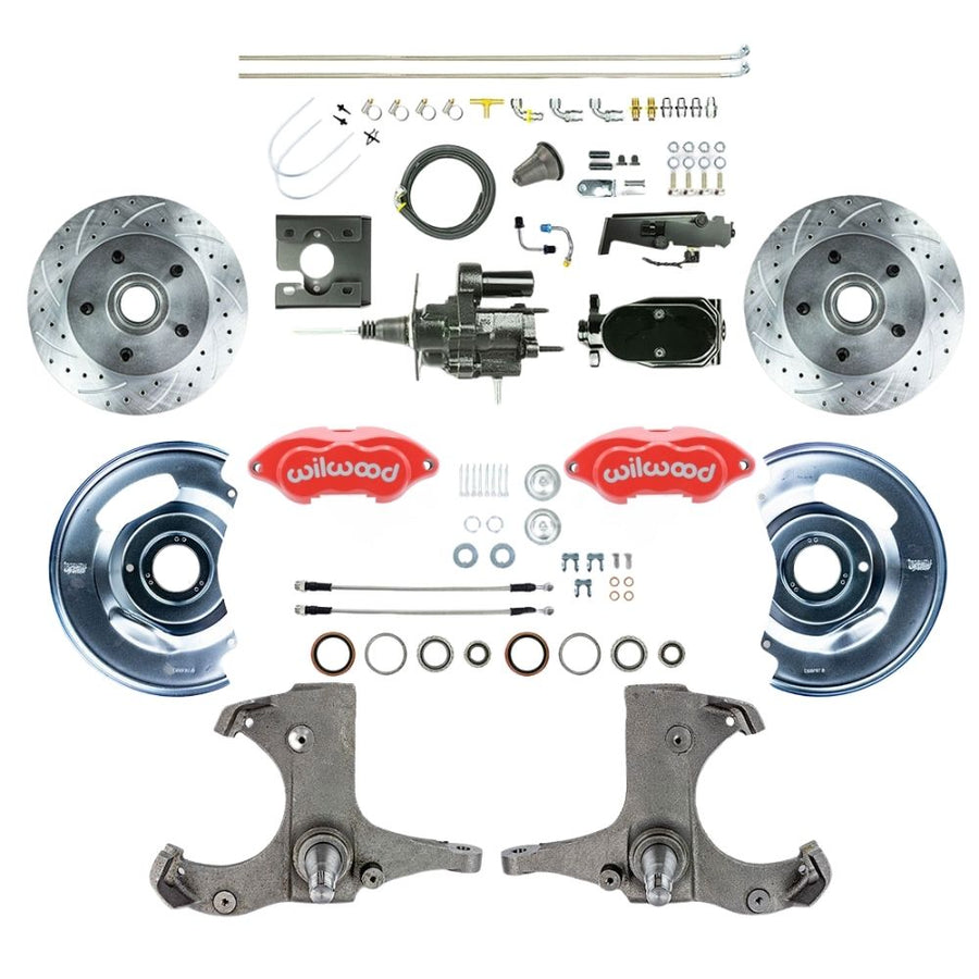 The Right Stuff 1967-70 GM C10/C15 Truck/Suburban, 2WD, Performance Series Hydraulic Brake Assist Front Disc Kit, Red Wilwood Calipers, Drilled and Slotted Rotors, Stainless Hoses, and Black Upper Assembly - (THB6725ZYP)
