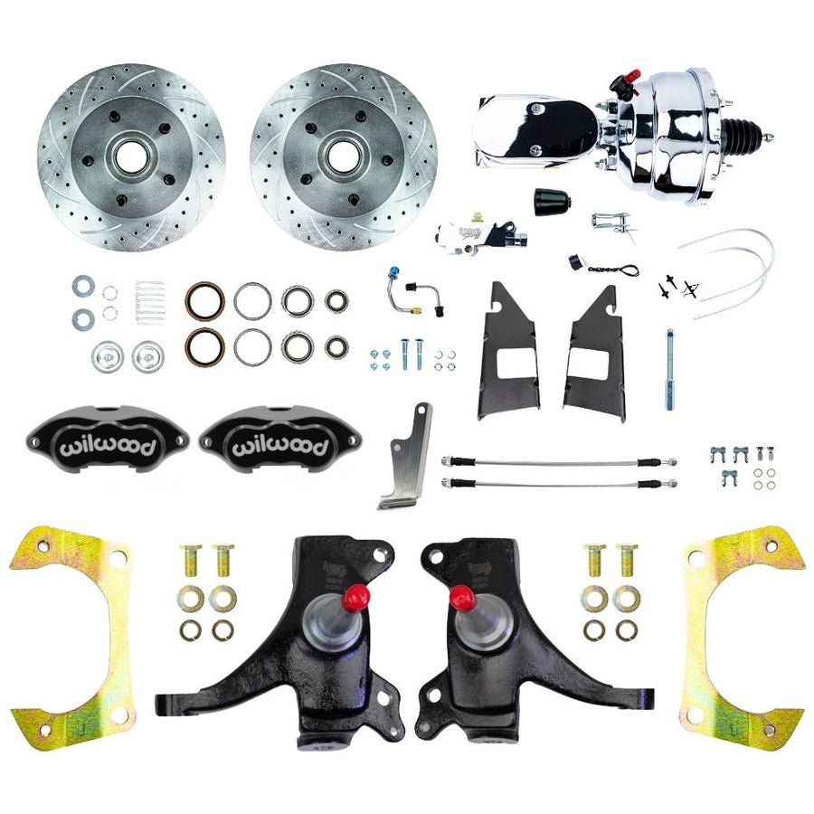 The Right Stuff 1973-87 GM C10/C15 Truck/Suburban, 2WD, 2" Drop Performance Series Power Front Disc Brake Kit, with Black Wilwood Calipers, Drilled and Slotted Rotors, Stainless Hoses, Chrome Booster Master Assembly - (TDC7325DBXP)