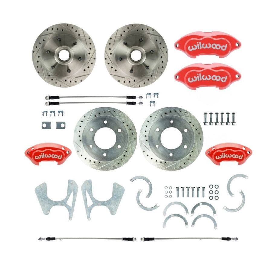 The Right Stuff 1963-70 C10 6 Lug Rear Disc Brake Conversion Kit with Matching Front Drilled and Slotted Rotors, Braided Stainless Hoses and Red Wilwood Calipers - (T63DC06ZP)