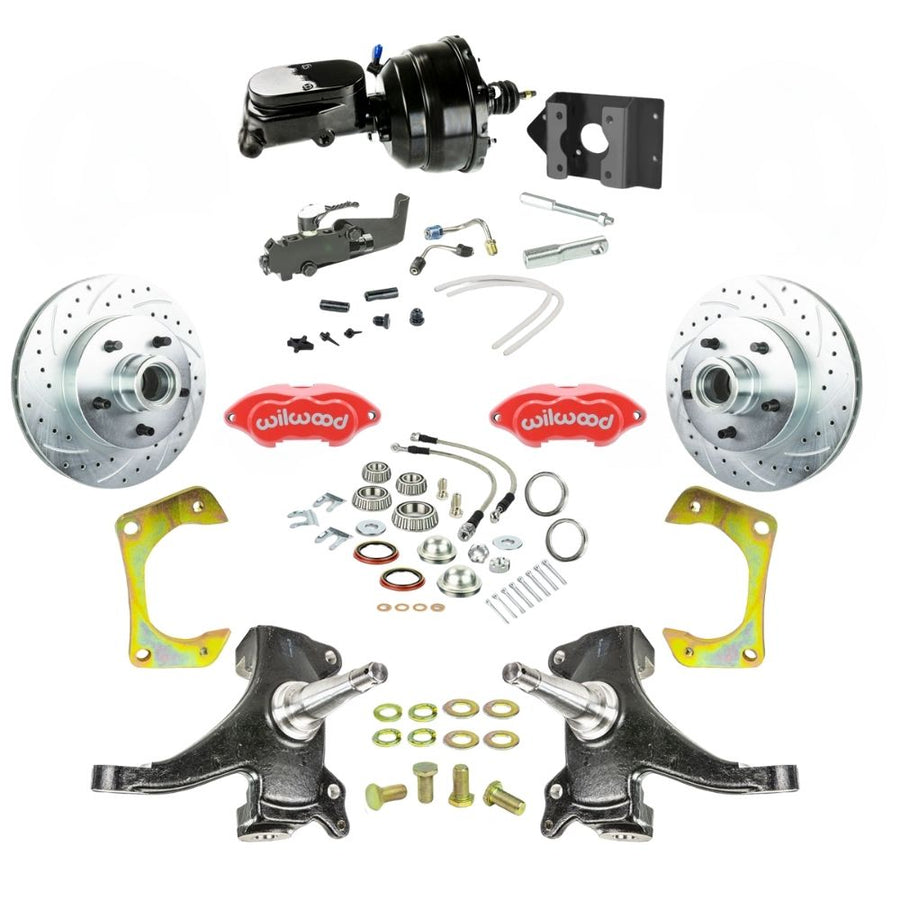 The Right Stuff 1963-66 Chevy/GMC Truck/Suburban, 2" Drop, Performance Series Power Front Disc Kit with Red Wilwood Calipers, Drilled and Slotted Rotors, Braided Stainless Hoses, and Black Booster Master Assembly 5x5 - (TDC6325DZYP)