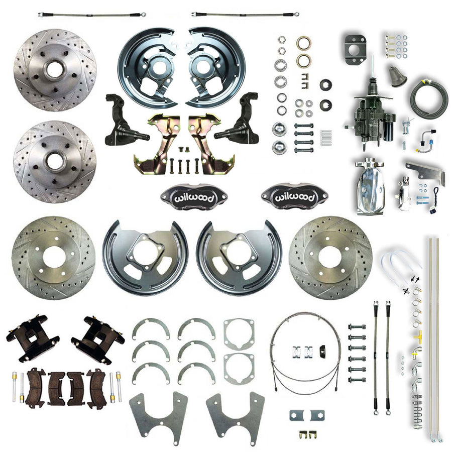 The Right Stuff 67-69 GM F-Body, Staggered, Chrome Hydraulic Brake Assister 4 Wheel Disc Conv Blk Calipers - (AFXHB25CSX)