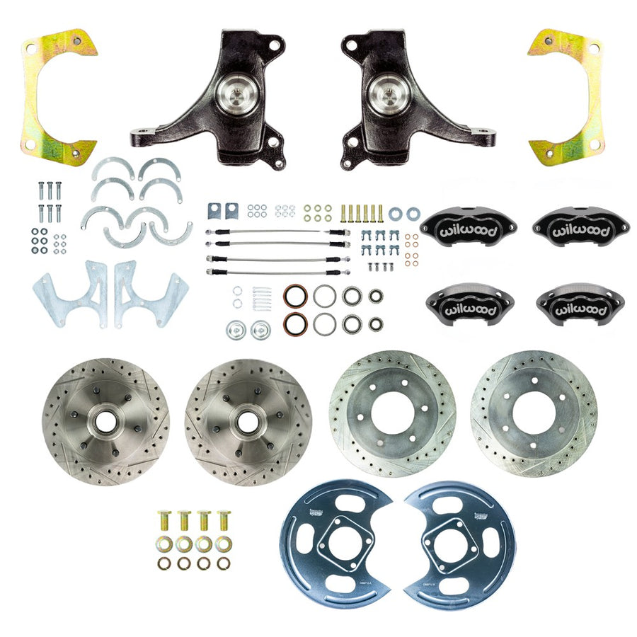 The Right Stuff 1963-70 GM/Chevy Truck/Suburban 2WD 2" Drop, 4 wheel Performance Series At The Wheel Disc Kit, Black Wilwood Calipers, Drilled and Slotted Rotors, and Braided Stainless Hoses - (TWK6346DBP)