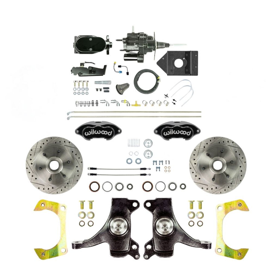 The Right Stuff 1960-62 Chevy/GMC Truck/Sub 2" Drop, Performance Series Hydraulic Brake Assist Front Disc Kit Black Wilwood Calipers, Drilled and Slotted Rotors, Braided Stainless Hoses, Black Upper Assembly - (THB6016DBYP)