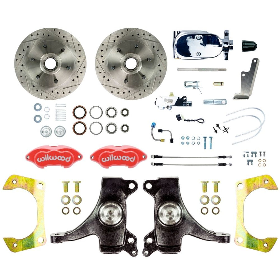 The Right Stuff 1963-70 Chevy/GMC Truck/Suburban, 2" Drop Manual Front Disc Brake Kit with red Wilwood Calipers, Drilled and Slotted Rotors, Braided Stainless Hoses, and Chrome Booster Master Assembly, 6 Lug - (TSD6316DZXP)