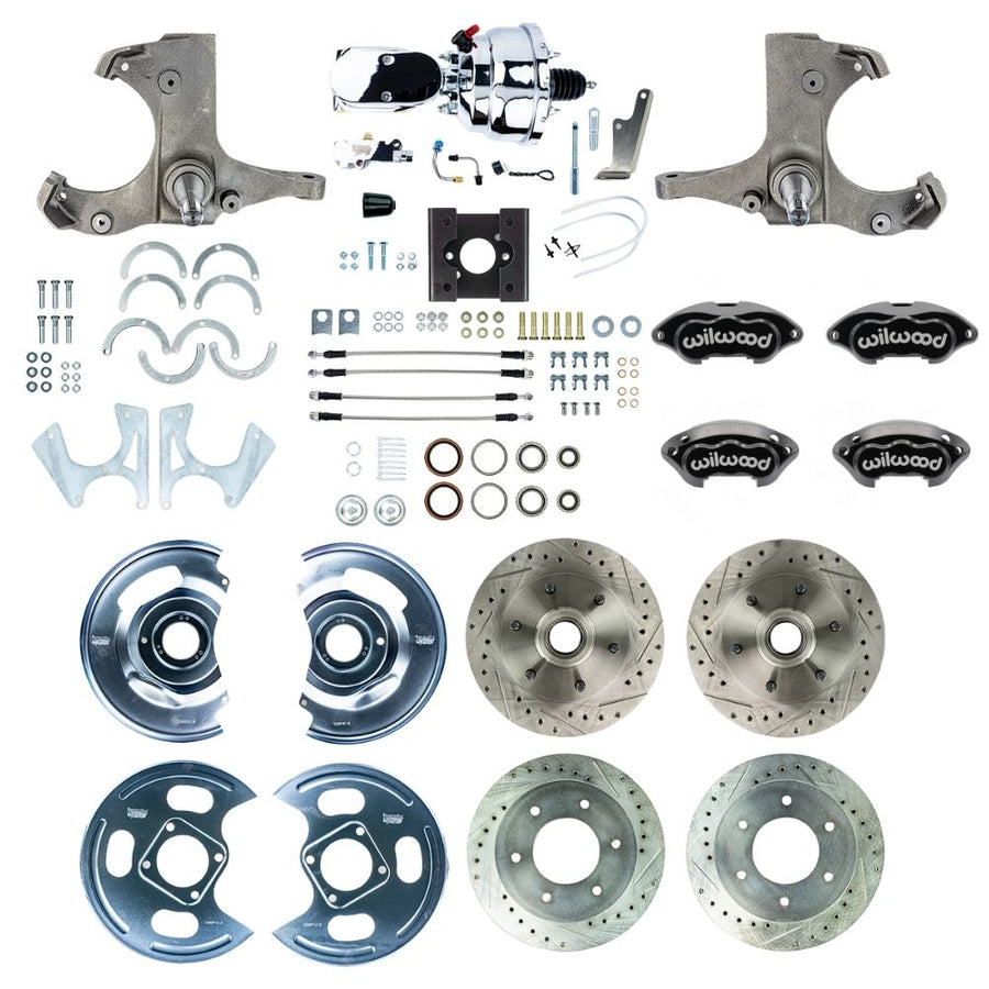 The Right Stuff 1963-66 GM/Chevy C10/C15 Truck/Suburban 2WD, Performance Series Power 4-Wheel Disc Kit, Black Wilwood Calipers, Drilled and Slotted Rotors, Stainless Hoses, and Chrome Booster Master Assembly 6x5.5 - (TDC6356BXP)
