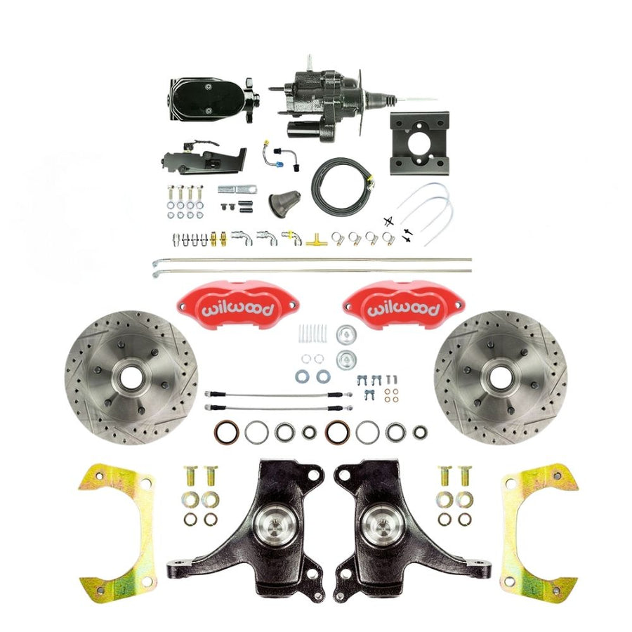 The Right Stuff 1963-66 GM Truck/Sub, Performance Series 2" Drop Black Hydraulic Brake Assist Front Disc Brake Conv, Red Wilwood Calipers, Drilled and Slotted Rotors, Stainless Hoses, Black Upper Assembly - (THB6325DZYP)