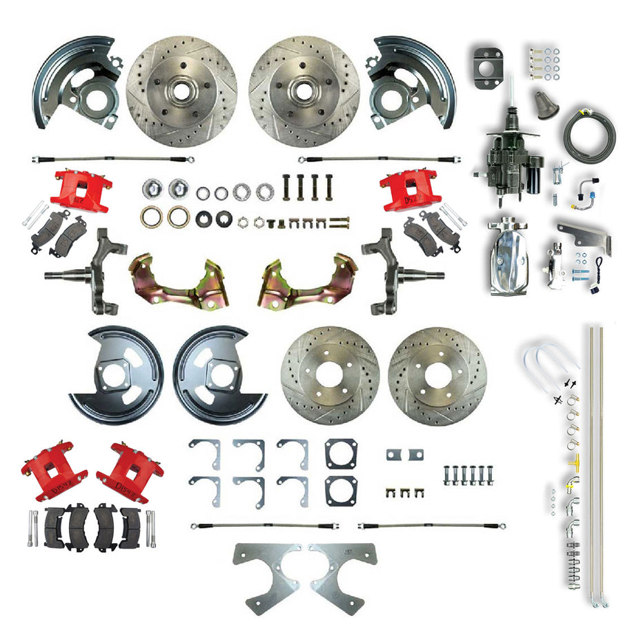 The Right Stuff 64-72 GM A-Body Chrome Hydraulic Brake Assist 2" Drop 4-Wheel Disc Kit Red Wilwood Calipers - (AFXHB21DZX)