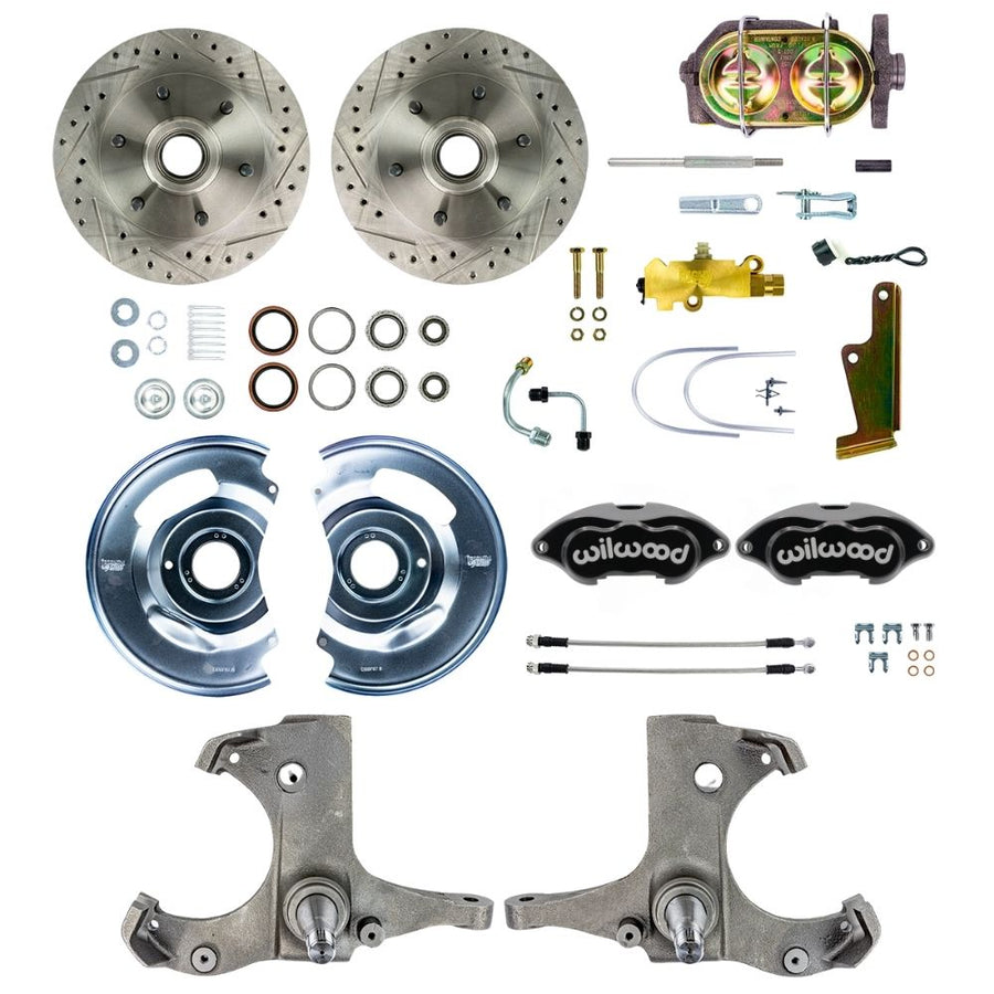 The Right Stuff 1963-70 Chevy/GMC Truck/Suburban, Drop Manual Front Disc Brake Kit with Black Wilwood Calipers, Drilled and Slotted Rotors, and Braided Stainless Hoses, 6 Lug - (TSD6316BP)