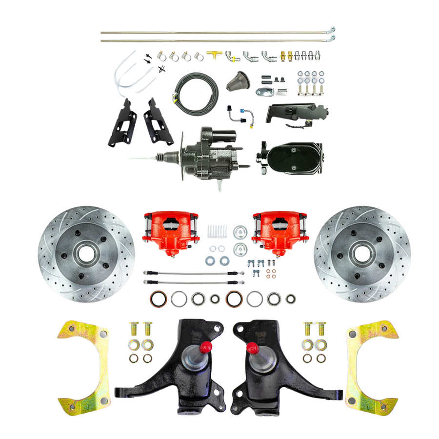The Right Stuff 73-87 GM C10/C15 Truck/Suburban 2" Drop Black Hydraulic Brake Assist Disc Kit Red Calipers - (THB7325DZY)