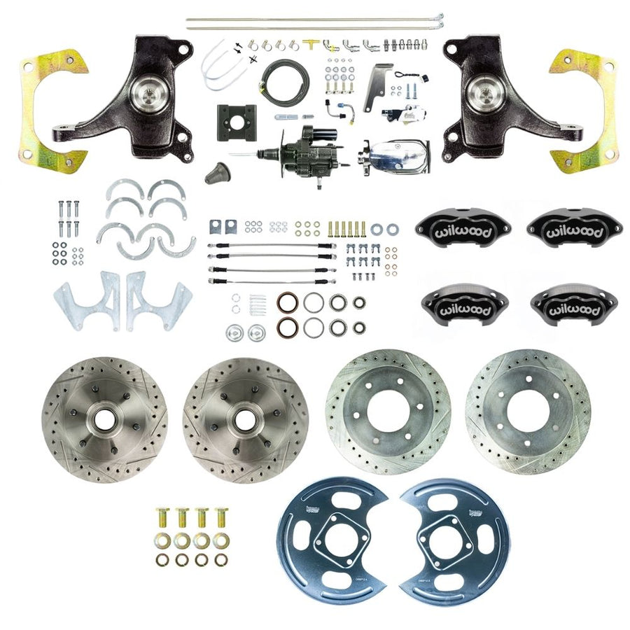 The Right Stuff 1963-66 GM/Chevy C10/15 Truck 2WD, 2" Drop Performance Series Hydraulic Brake Assist 4-Wheel Disc, Black Wilwood Calipers, Drilled and Slotted Rotors, Stainless Hoses, Chrome Upper Assembly - (THB6356DBXP)