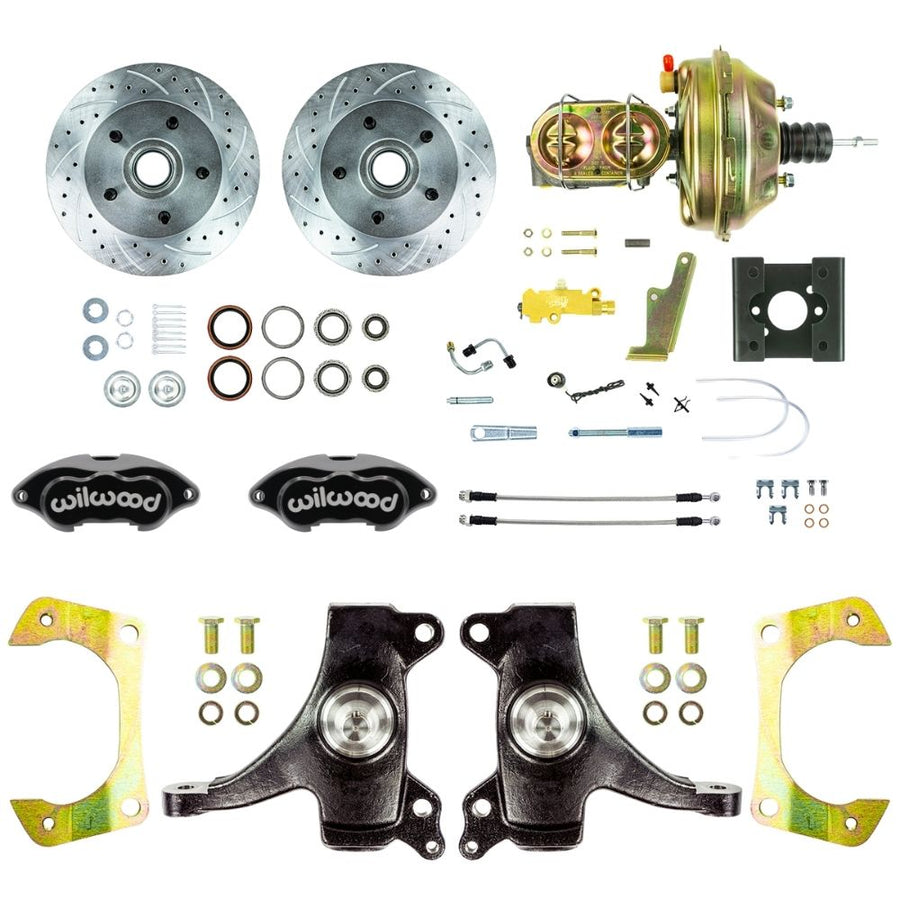 The Right Stuff 1963-66 Chevy/GMC Truck Performance Series, 2" Drop, Power Front Disc Brake Conversion, Black Wilwood Calipers, Drilled and Slotted Rotors, and Braided Stainless Hoses - (TDC6325DBP)