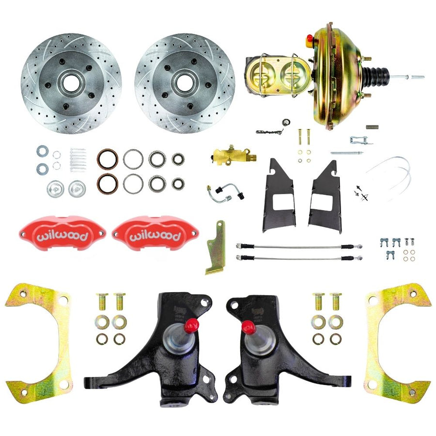 The Right Stuff 1973-87 GM C10/C15 Truck/Suburban, 2WD, 2" Drop Performance Series Power Front Disc Brake Kit, with Red Wilwood Calipers, Drilled and Slotted Rotors, and Braided Stainless Hoses - (TDC7325DZP)