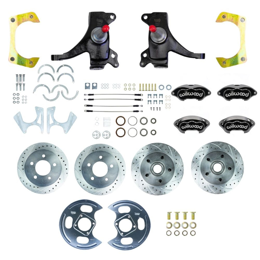 The Right Stuff 1973-87 GM C10/C15 Truck/Suburban 2WD 2" Drop Performance Series 4-Wheel "At The Wheel" Disc Brake Kit with Black Wilwood Calipers, Drilled and Slotted Rotors, and Braided Stainless Hoses - (TWK7355DBP)