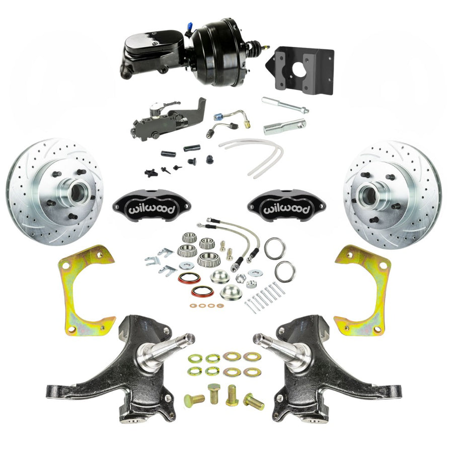 The Right Stuff 1963-66 Chevy/GMC Truck/Suburban, 2" Drop, Performance Series Power Front Disc Kit with Black Wilwood Calipers, Drilled and Slotted Rotors, Braided Stainless Hoses, Black Booster Master Assembly 5x5 - (TDC6325DBYP)