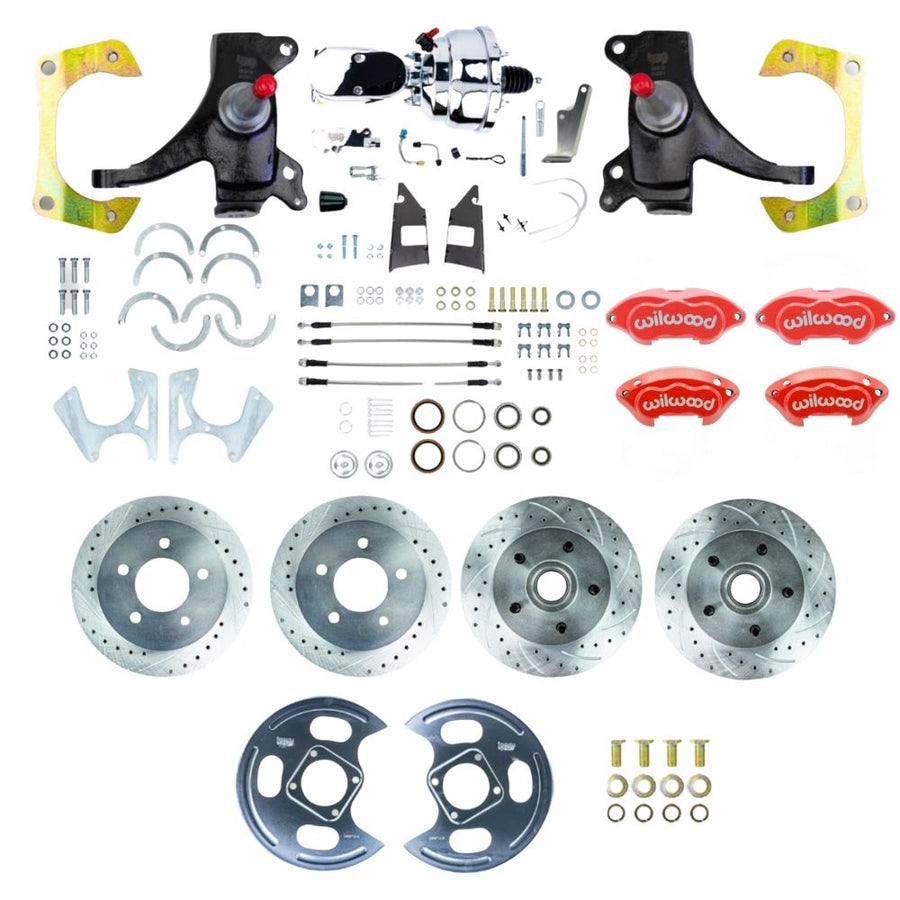The Right Stuff 1973-87 GM C10/C15 Truck/Suburban 2WD 2" Drop Performance Series Power 4-Wheel Disc Brake Kit with Red Wilwood Calipers, Drilled and Slotted Rotors, Stainless Hoses, Chrome Booster Master Assembly - (TDC7355DZXP)