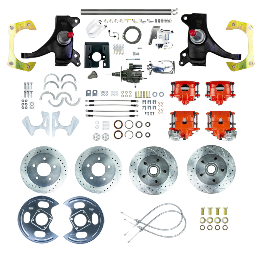 The Right Stuff 71-72 C10/C15 Truck/Sub 2" Drop Chrome Hydraulic Brake Assist 4-Wheel Disc Kit Red Calipers - (THB7155DZX)