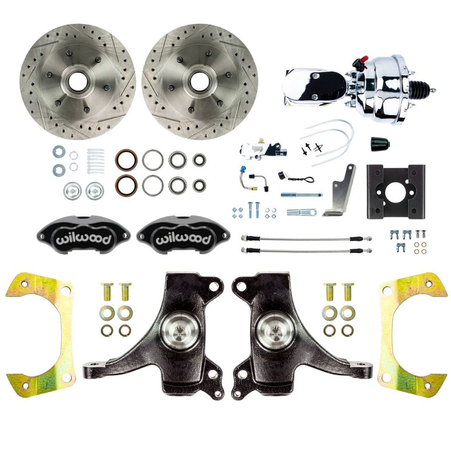 The Right Stuff 1963-66 Chevy/GMC Truck Performance Series, 2" Drop, Power Disc Brake Conversion, Black Wilwood Calipers, Drilled and Slotted Rotors, Braided Stainless Hoses, and Chrome Booster Master Assembly - (TDC6326DBXP)