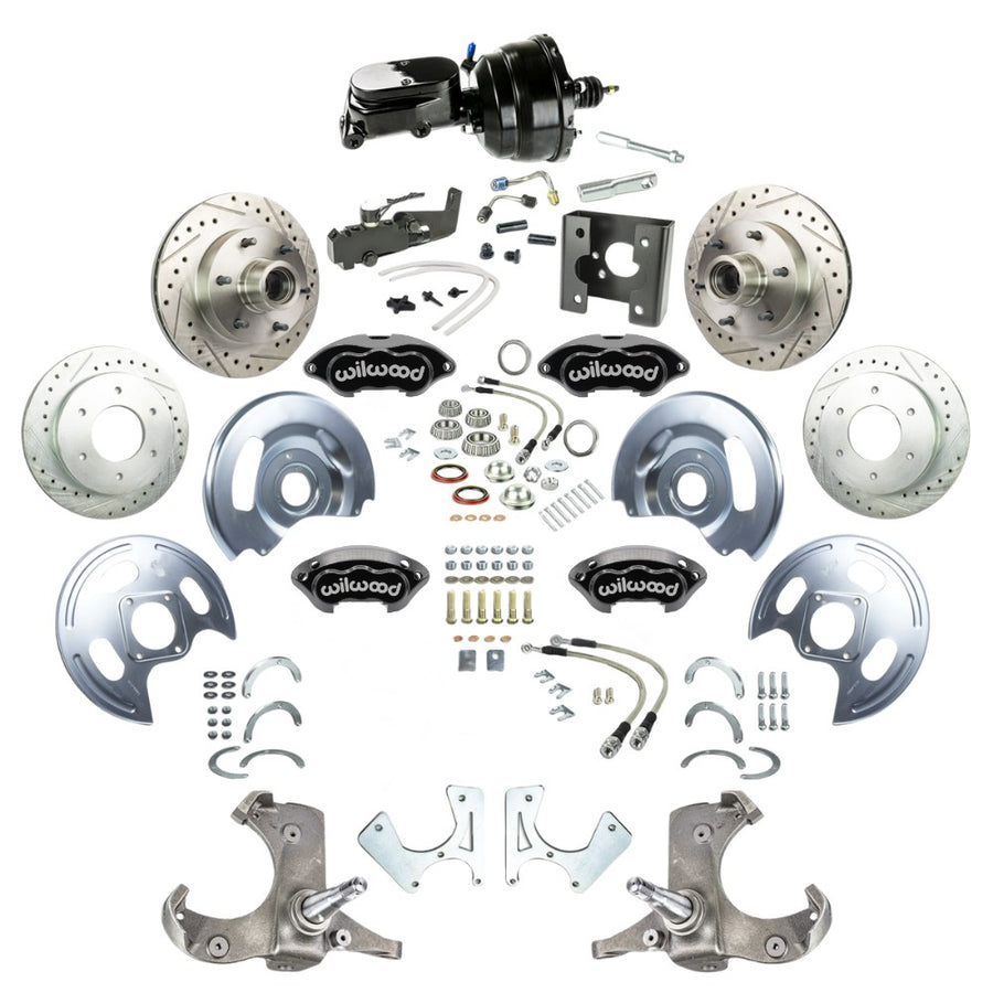 The Right Stuff 1963-66 GM/Chevy C10/15 Truck/Suburban, 2WD Performance Series Power 4-Wheel Brake Kit, Black Wilwood Calipers, Drilled and Slotted Rotors, Stainless Hoses, and Black Booster Master Assembly 6x5.5 - (TDC6356BYP)
