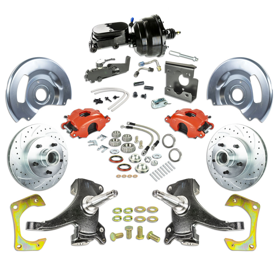 The Right Stuff 67-70 GM C10/15 Truck/Sub 2" Drop Power Front Brake Kit Red Calipers Black Upper 5x5 Bolt Pattern - (TDC6725DZY)