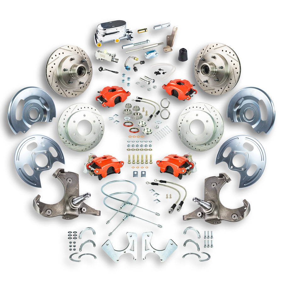 The Right Stuff 63-70 Chevy/GMC Truck/Suburban, Std 4-Wheel Brake Kit Red Calipers Chrome Upper - (TSD6346ZX)